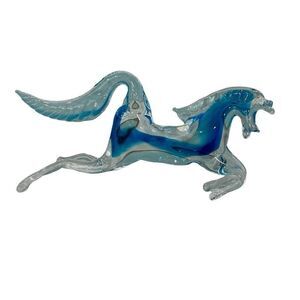 Vintage 7.5” X 3.5” Jumping Horse Figurine Home Deco Blue & Clear Art Glass